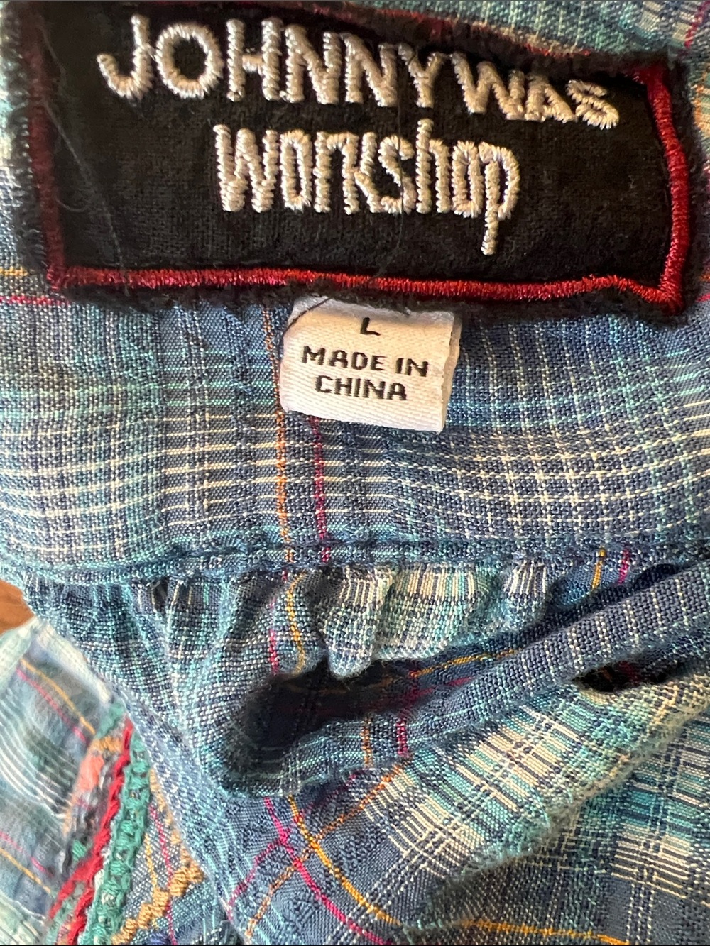 JOHNNY WAS Blue Plaid Embroidered Aimee Puff Sleeve Peasant Top Women's LARGE - Picture 3 of 8